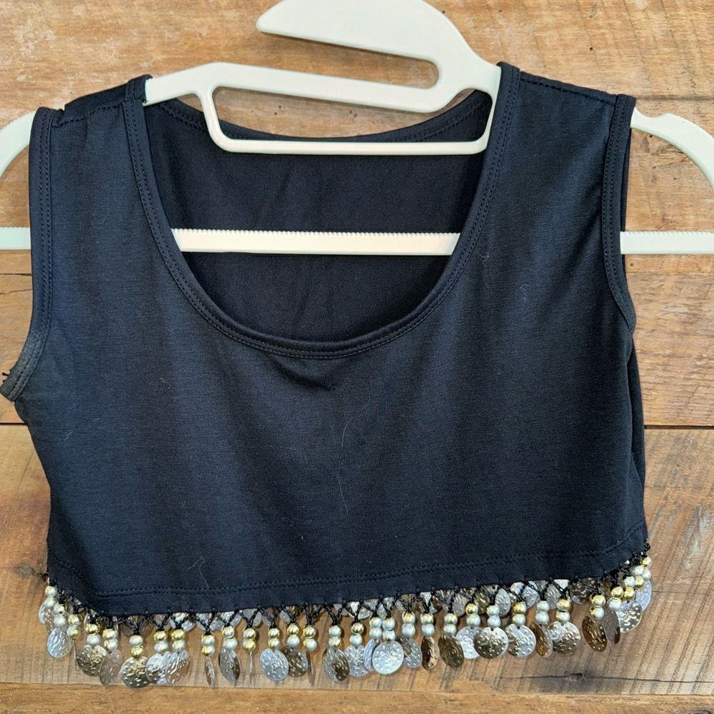 Crop top/Belly Danicing top  with gold and silver fringe embellishments.sz m